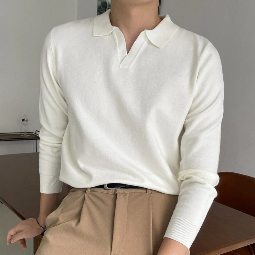 Beige Mens Collared Sweater - Picture 3 of 5